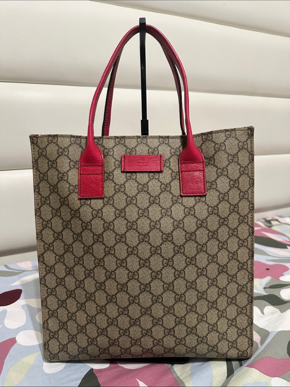 Gucci PVC  GG Supreme Tote with Pink Leather Handles